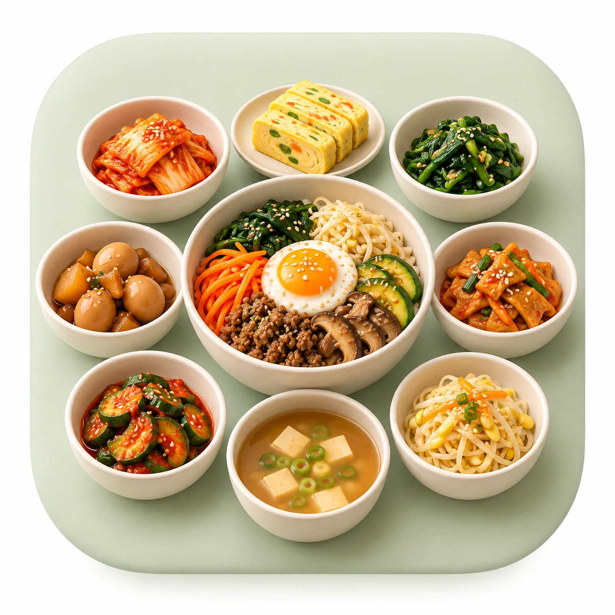 소고기무국, 감자국, 불고기, 닭가슴살 샐러드, 비빔밥, 월남쌈, 시금치나물, 오이소박이, 고등어구이를 아홉 개의 그릇에 나눠 담은 모습