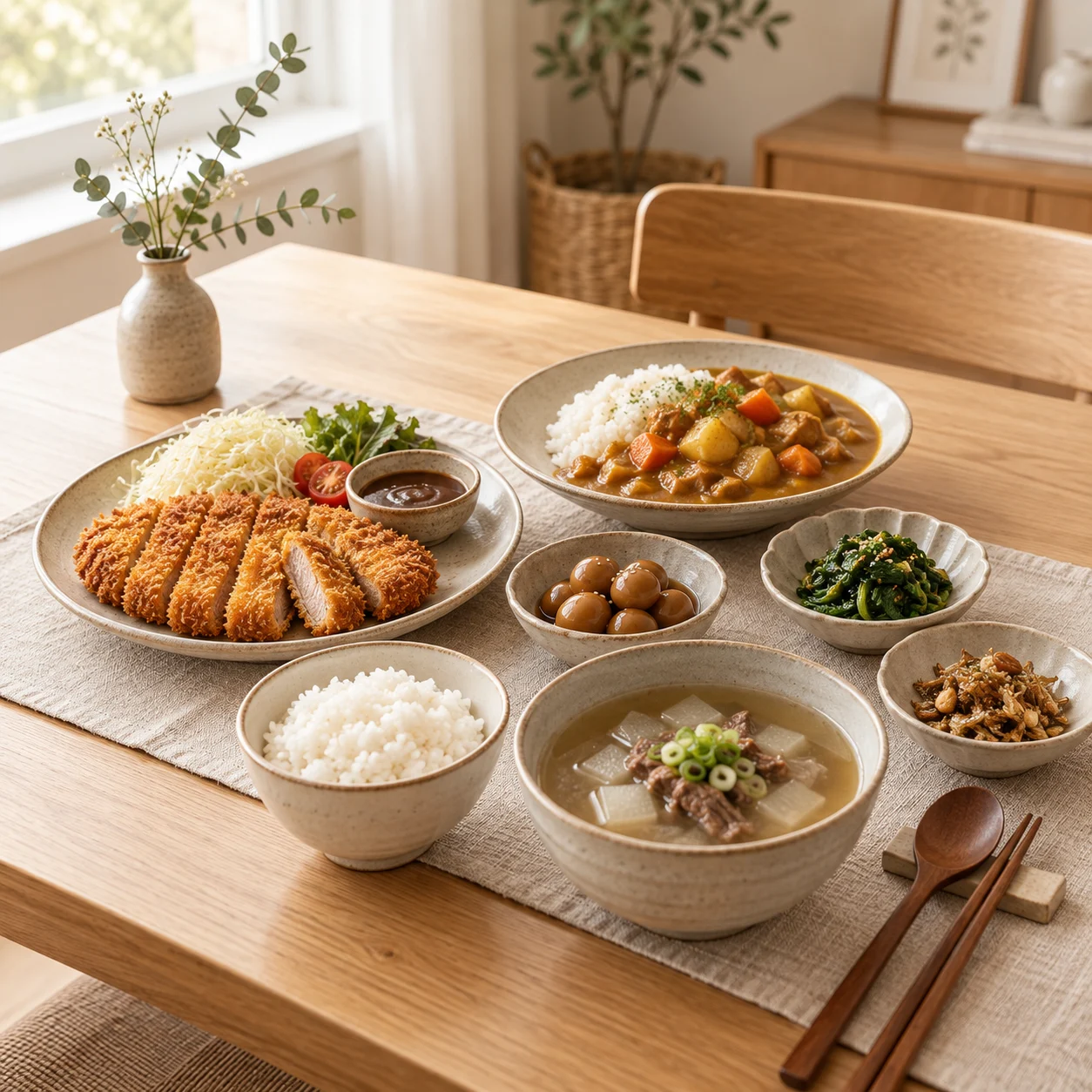 국과 주반찬, 밑반찬을 한 상에 차린 온가족 정기식탁 구성