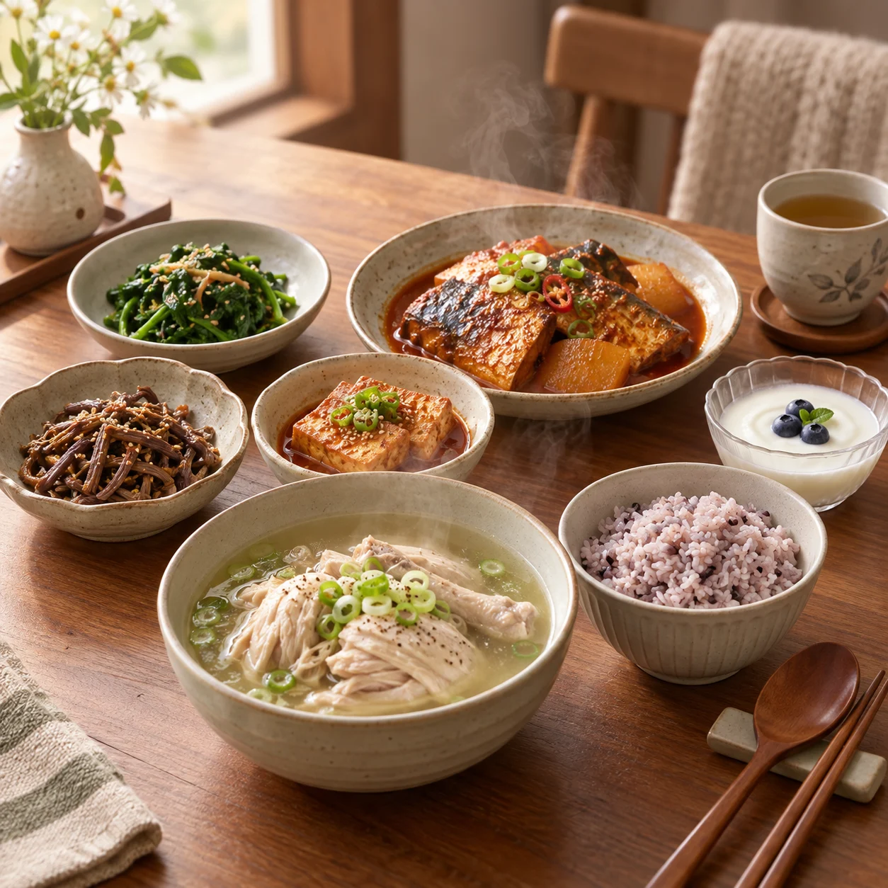부드러운 국과 반찬을 한 상에 차린 시니어 정기식탁 구성
